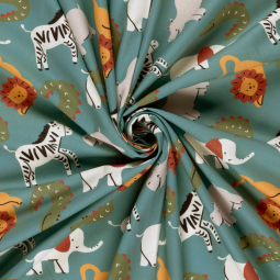 Tissu popeline - La fête des animaux vert