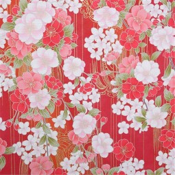 Tissu japonais - Fleurs roses fond corail