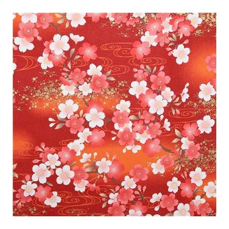 Tissu japonais - Fleurs de cerisier fond orange