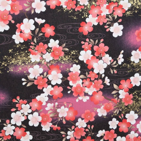 Tissu japonais - Fleurs de cerisier fond noir