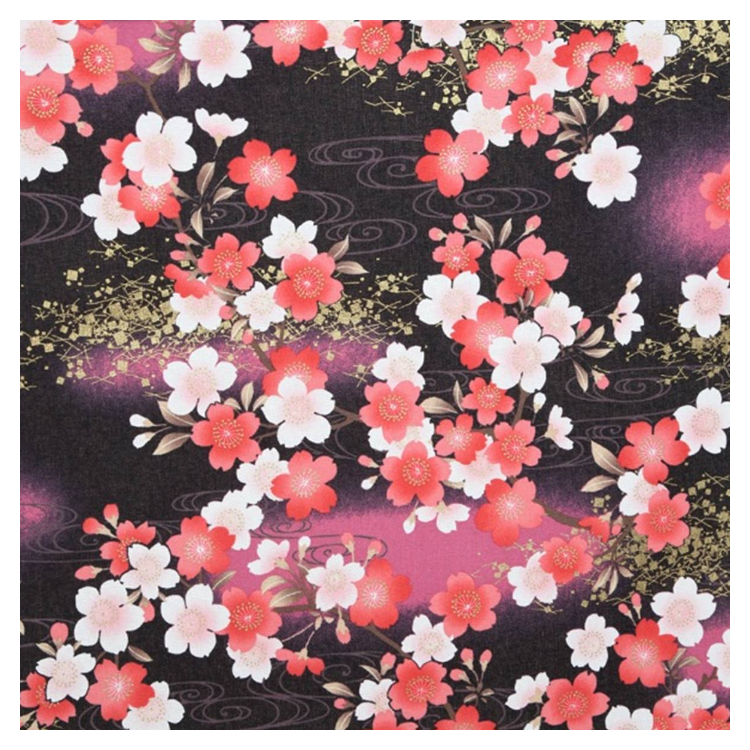 Tissu japonais - Fleurs de cerisier fond noir