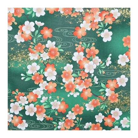 Tissu japonais - Fleurs de cerisier fond vert
