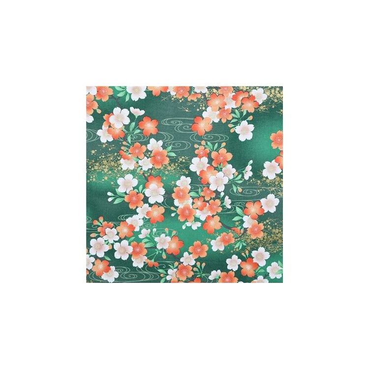 Tissu japonais - Fleurs de cerisier fond vert