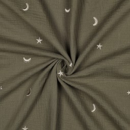 Tissu double gaze de coton - Broderie Etoile vert