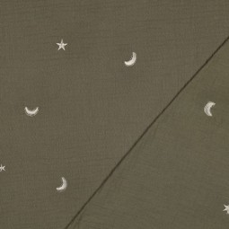 Tissu double gaze de coton - Broderie Etoile vert