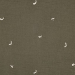 Tissu double gaze de coton - Broderie Etoile vert