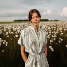 Tissu viscose lin - Broderie fleurs naturel