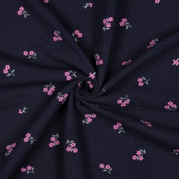 Tissu double gaze de coton - Fleurs brodées marine