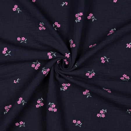 Tissu double gaze de coton - Fleurs brodées marine