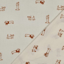 Tissu double gaze de coton - teckel brodé naturel