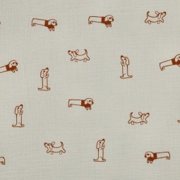 Tissu double gaze de coton - teckel brodé naturel