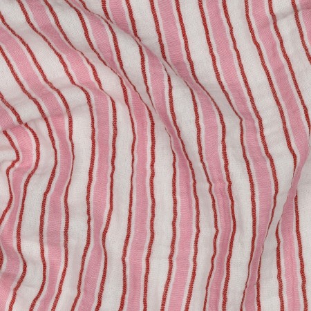 Tissu double gaze de coton - Rayure fil teint rose