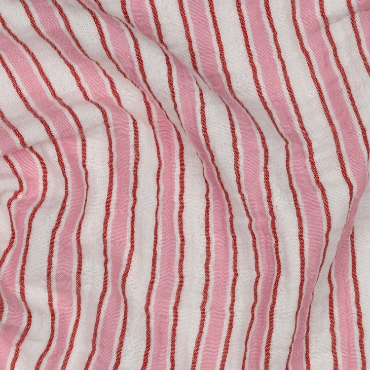Tissu double gaze de coton - Rayure fil teint rose