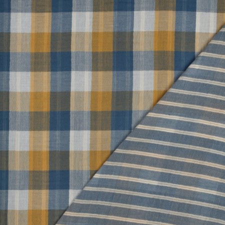 Tissu double gaze de coton - double face carreaux bleu