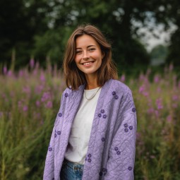 Tissu matelassé - broderie fleur lila