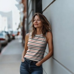 Tissu maille tricotée - Rayure bleu marine rouge