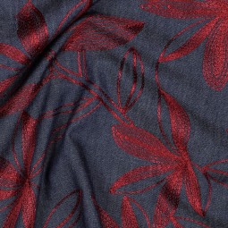 Tissu denim - Broderie fleur bordeaux