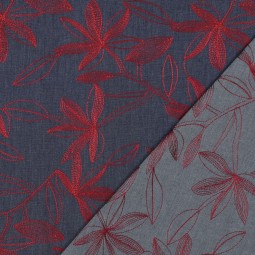 Tissu denim - Broderie fleur bordeaux