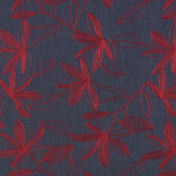 Tissu denim - Broderie fleur bordeaux