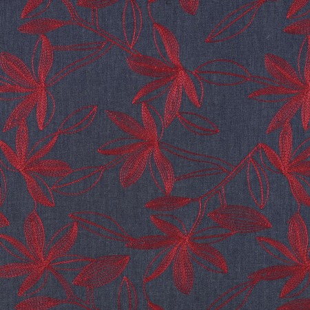 Tissu denim - Broderie fleur bordeaux