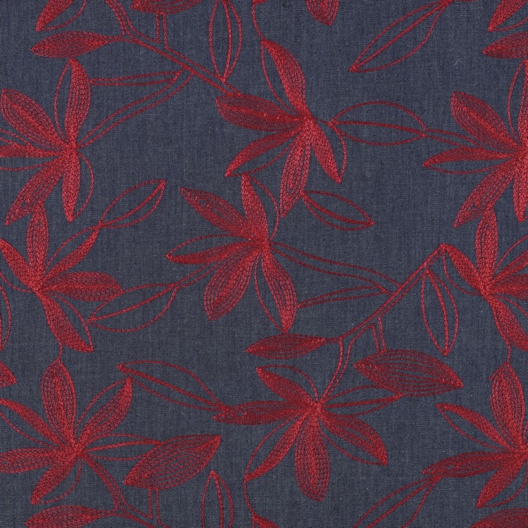 Tissu denim - Broderie fleur bordeaux