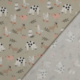 Tissu popeline - Animaux de la ferme sauge