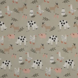 Tissu popeline - Animaux de la ferme sauge