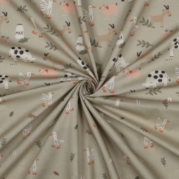 Tissu popeline - Animaux de la ferme sauge