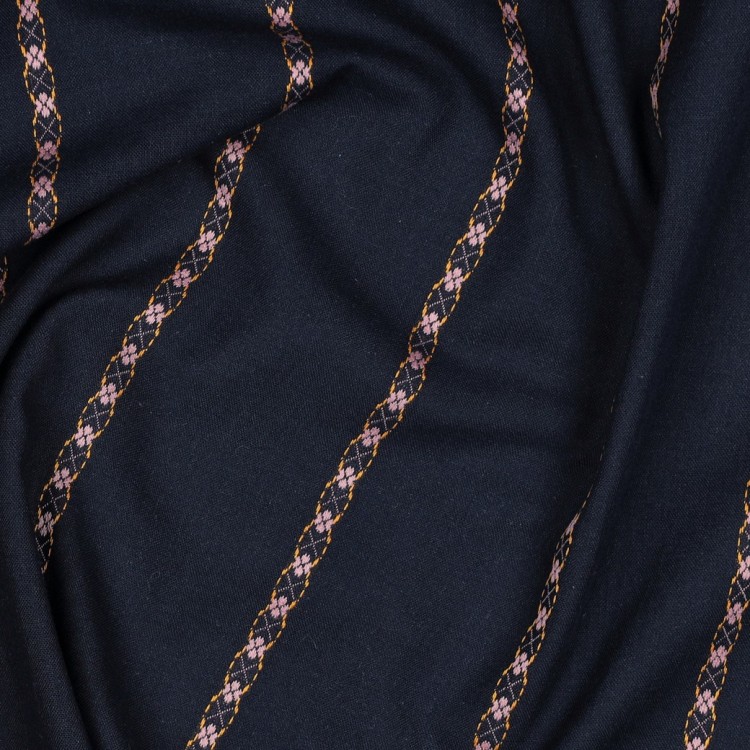 Tissu coton - rayures brodées bleu marine