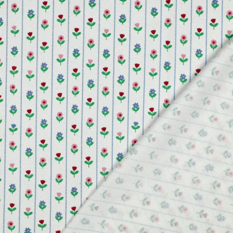 Tissu jersey côtelé - Rayures fleurs