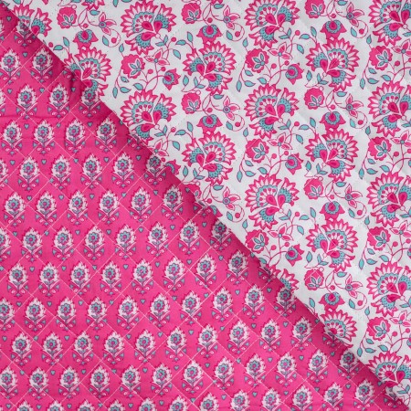 Tissu matelassé double face - Fleurs fuschia