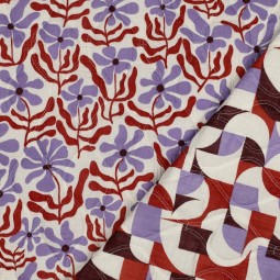 Tissu coton matelassé - Fleurs lilas caramel