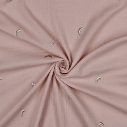 Tissu double gaze - Broderie ciel étoilé rose