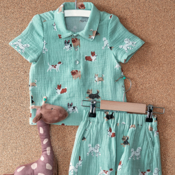 Tissu double gaze - Chiens bleu