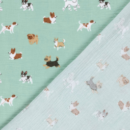 Tissu double gaze - Chiens bleu