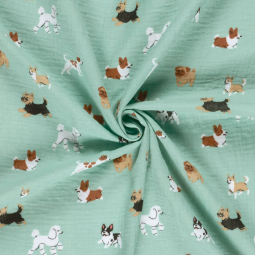 Tissu double gaze - Chiens bleu