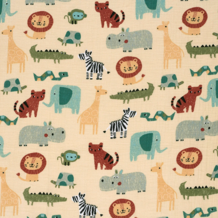 Tissu double gaze - Animaux beige