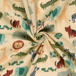 Tissu double gaze - Animaux beige