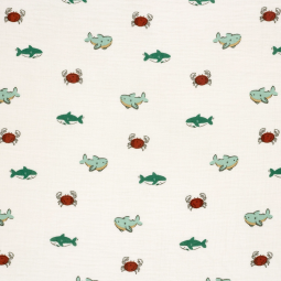 Tissu double gaze - Petits poissons blanc cassé