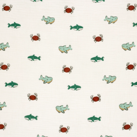Tissu double gaze - Petits poissons blanc cassé