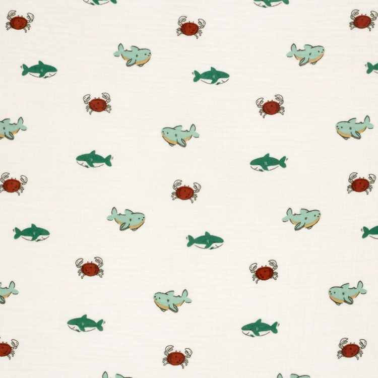 Tissu double gaze - Petits poissons blanc cassé