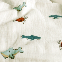 Tissu double gaze - Petits poissons blanc cassé