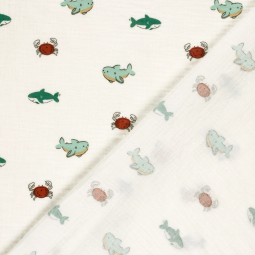 Tissu double gaze - Petits poissons blanc cassé