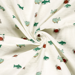 Tissu double gaze - Petits poissons blanc cassé