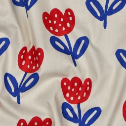 Tissu popeline - Fleur rouge bleu