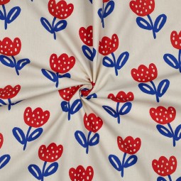 Tissu popeline - Fleur rouge bleu