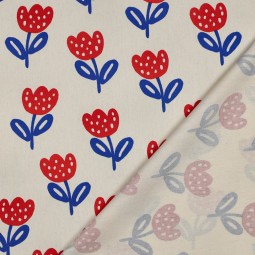 Tissu popeline - Fleur rouge bleu