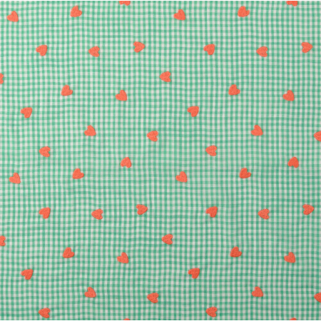 Tissu Popeline de coton - Vichy vert et coeurs