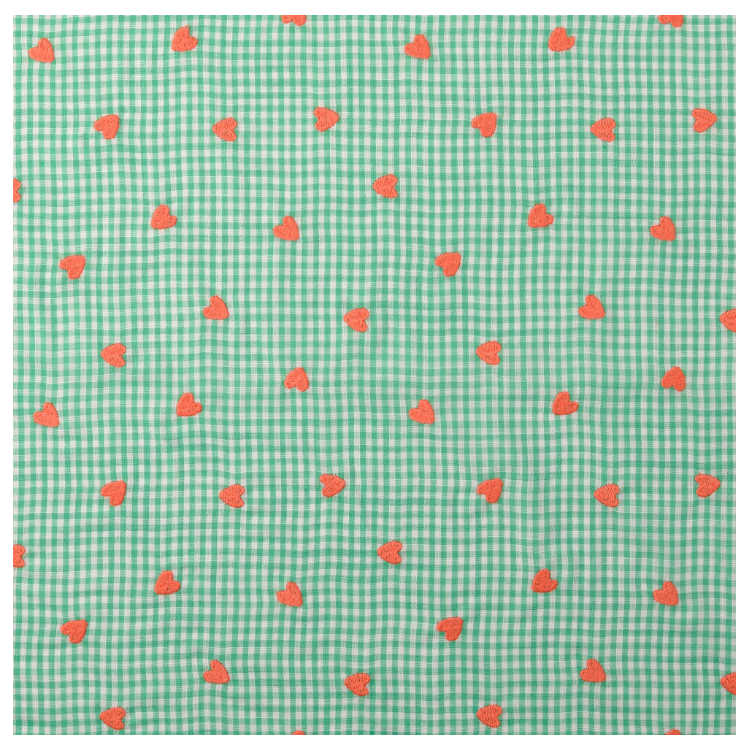 Tissu Popeline de coton - Vichy vert et coeurs