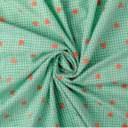 Tissu Popeline de coton - Vichy vert et coeurs